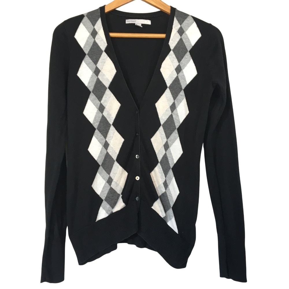 Old Navy Black Argyle Cotton Blend Knit‎ Button Front Cardigan Sweater Size M